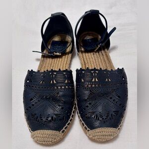 Tory Burch Navy Blue Leather Espadrilles Shoes Size 7.5